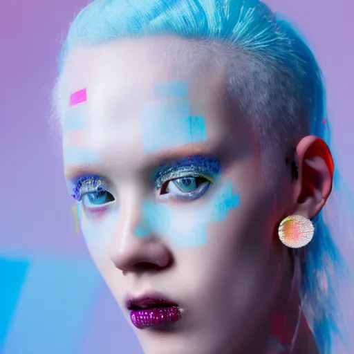 Image similar to a close - up risograph of cyberpunk albinism model girl wearing lots of transparent and cellophane accessories, light blue colors, huge earrings and queer make up, blue hour, trash style, oversaturated, hue - shifted, twilight, cool, portrait, crispy, full - shot, blue sky, kodachrome, photo by mayumi hosokura