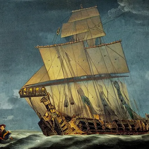 Prompt: an old 1 7 2 0 painting of blackbeard on his ship while a lighting strucks into the ship,