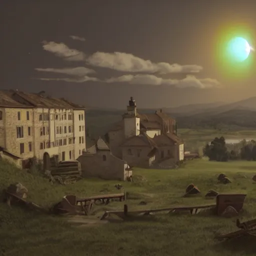 Image similar to dark solar eclipse, above a village, highly detailed, studio 4 k quality, by vittorio matteo corcos