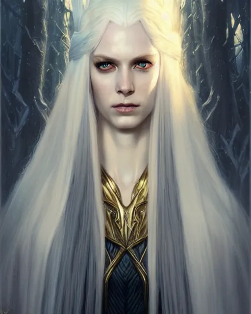 Image similar to tall slender elven queen on the throne, long white hair, pale skin, golden eyes | | realistic shaded, fine details, fine - face, realistic shaded lighting poster by greg rutkowski, magali villeneuve, artgerm, jeremy lipkin, michael garmash, rob rey