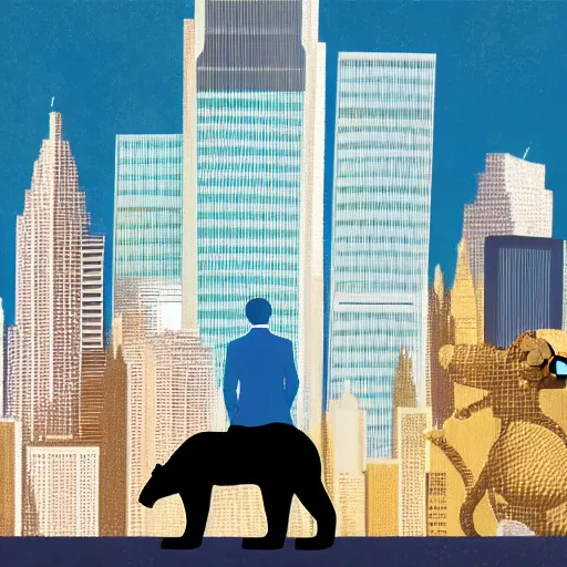 Prompt: digital art of a businessman riding a bear in the city