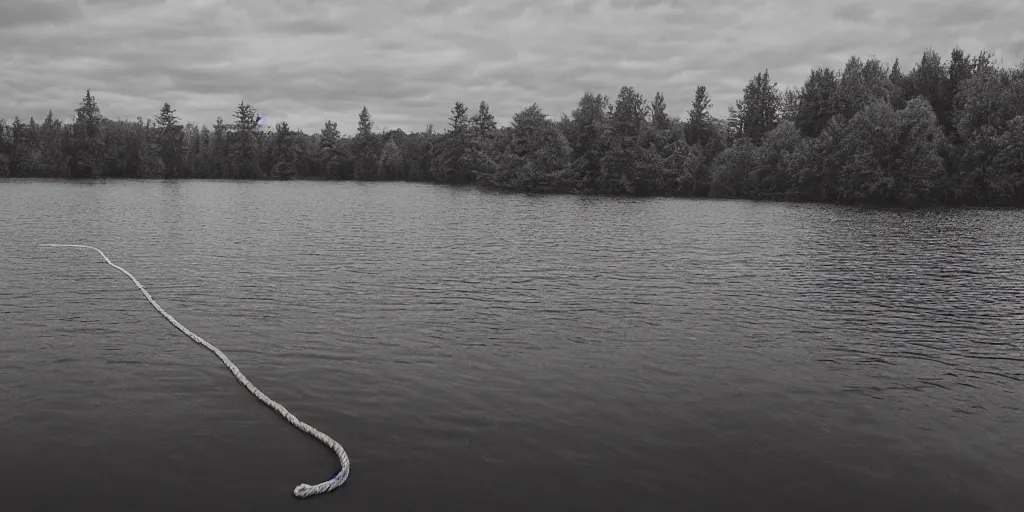 Image similar to centered photograph of a infintely long rope zig zagging across the surface of the water into the distance, floating submerged rope stretching out towards the center of the lake, a dark lake on a cloudy day, moody vibe, trees in the background, hyper - detailed photo, anamorphic lens