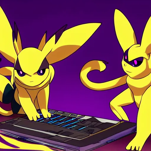 Prompt: digital art of renamon using a computer, anime style, anime wallpaper 4 k, by tomer hanuka