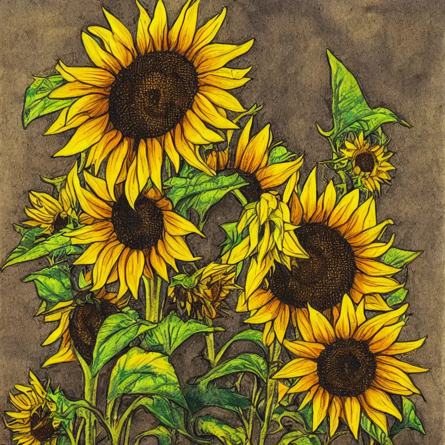 Prompt: A sunflower-dreamcatch artwork with strong tribal influences.