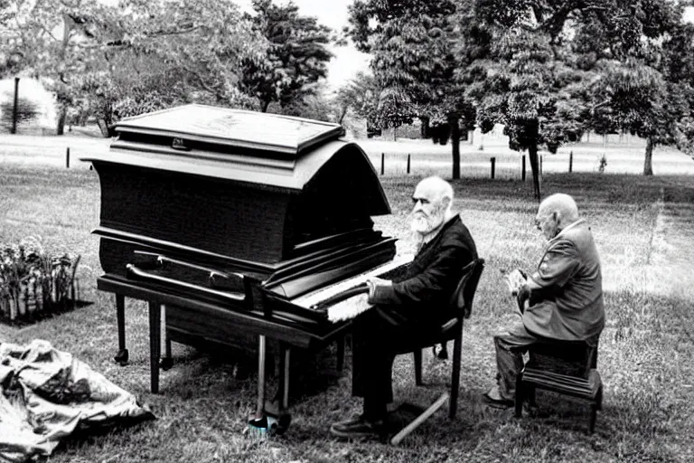 Image similar to a creepy old man playing a piano in the shape of a casket, with other caskets piled up in the back