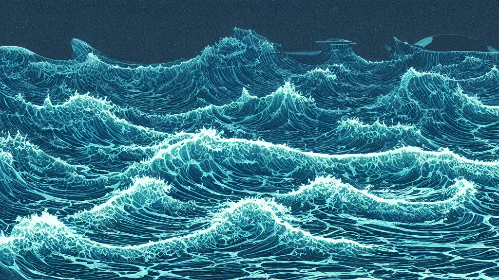 Image similar to highly detailed illustration of high exposure ocean waves at night by moebius, nico delort, oliver vernon, kilian eng, joseph moncada, damon soule, manabu ikeda, kyle hotz, dan mumford, otomo, 4 k resolution