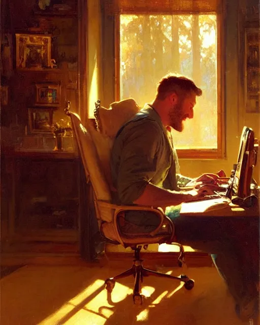 Image similar to attractive 3 5 year old man typing away at his computer, watching the screen gleefully, golden hour painting by gaston bussiere, craig mullins, j. c. leyendecker
