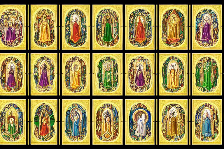 Image similar to illustration of design sheet of sets of various fantasy religion iconography mosaics with gemstones, prismatic colors, ornate gold patterns