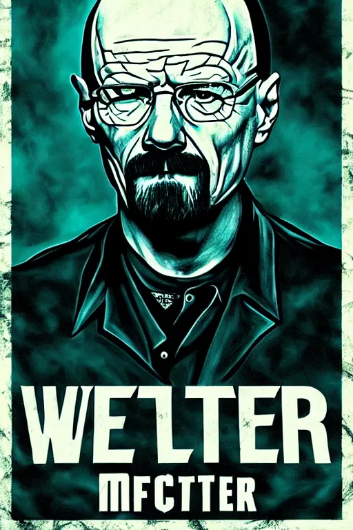 Prompt: poster of walter white, in the style of megadeth's album covers