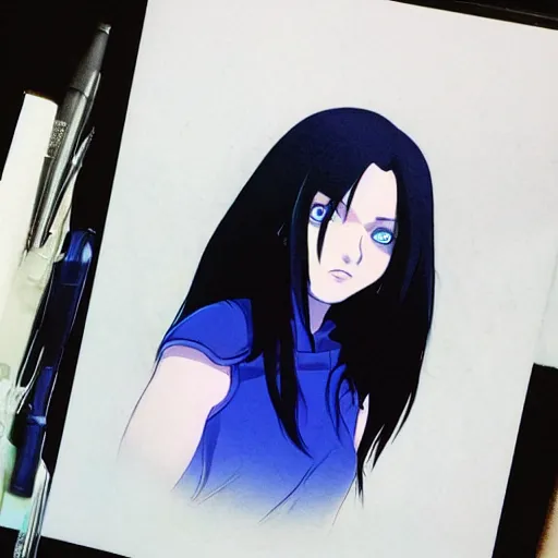 Image similar to « portrait, attractive, blue eyes, black hair, middle length hair, ghost in the shell, front view, kj, manga »