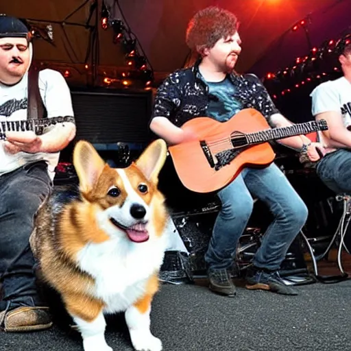 Image similar to corgi on concert of Russian rock group with tons of beer