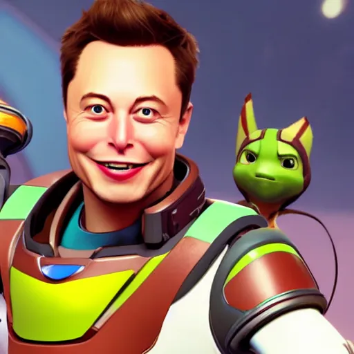 Image similar to portrait of elon musk as ratchet in ratchet and clank, in game graphic, ps 5 gameplay, screenshot, high quality