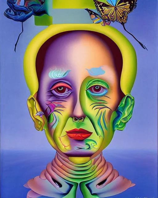 Prompt: portrait of a woman by lisa frank, rene magritte, salvador dali, and h. r. giger