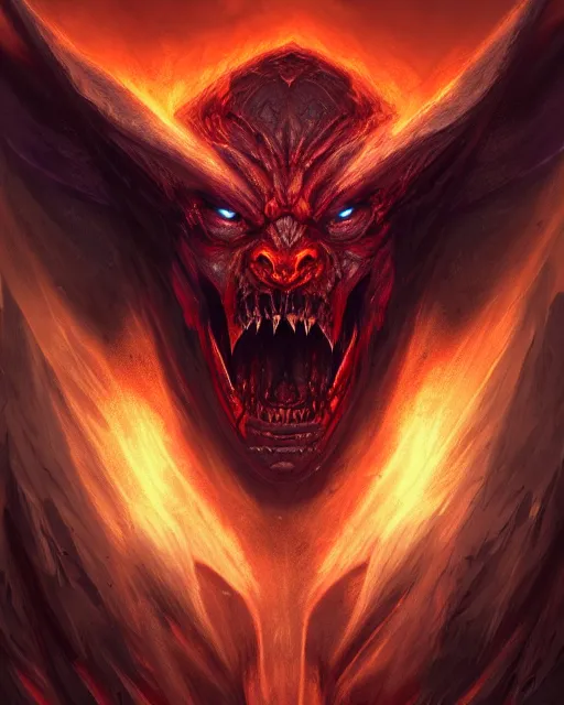 Image similar to Demon berserker, solo, one character, portrait, Path of Exile, Warhammrer, Diablo, Magic the Gathering, fantasy, gritty, cinematic lighting, centered, centered, symmetrical, symmetrical, highly detailed, digital painting, Artstation, concept art, sharp focus, 8k