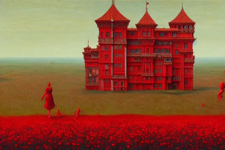 Image similar to only with red, red flowers of different types, red castle in background, red medieval goblins, in the style of beksinski, parts by edward hopper, parts by rodcenko, parts by yue minjun, intricate and epic composition, red by caravaggio, insanely quality, highly detailed, masterpiece, red light, artstation, 4 k