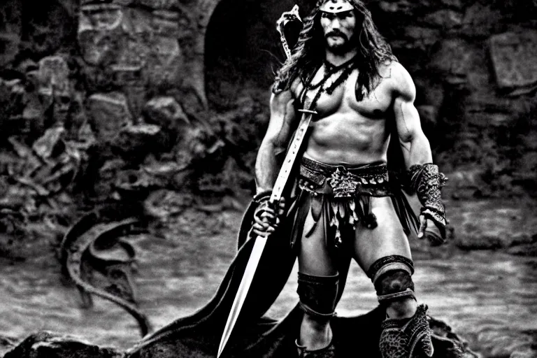 Prompt: 7 0 mm film still from conan the barbarian, jason momoa as conan holding a giant sword with both hands above his head wearing ornate dragon armor, in the wet catacombs of skulls and snakes, cinematic, volumetric lighting, mist, wet skin and windblown hair, muscular!!!, heroic masculine pose, ridley scott