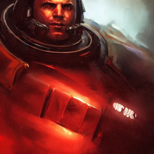 Image similar to closeup portrait of a space marine, dramatic lighting, city background, night, moon, chiaroscuro, high detail, painted by geoffroy thoorens, painted by igor sid, painted by raymond swanland, trending on artstation