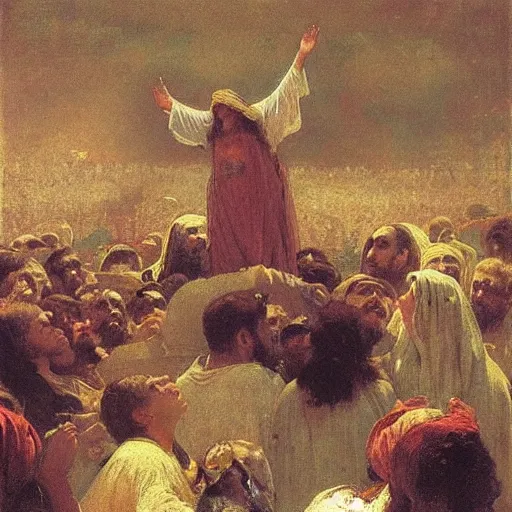 Prompt: morbidly obese jesus floating above a crowd of onlookers, by ilya repin