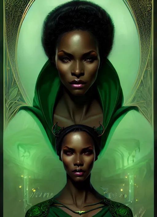 Prompt: beautiful black woman elf wearing a dark green robe portrait, art nouveau, fantasy, intricate arcane wiccan designs, elegant, highly detailed, digital painting, artstation, concept art, matte, sharp focus, illustration, art by Artgerm and Greg Rutkowski and WLOP