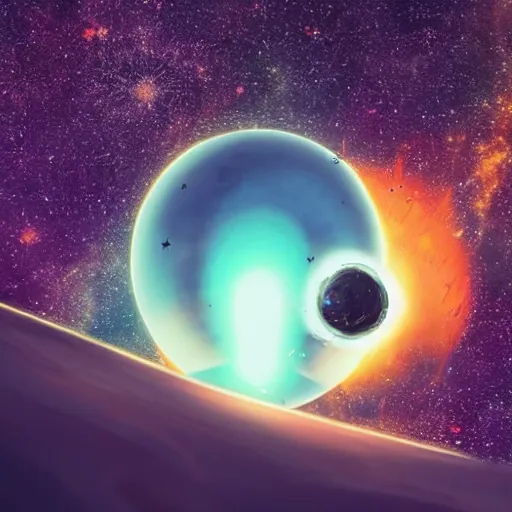 Prompt: low angle photo, a cute adorable alien critter sitting on the ground a beautiful rocky planet, in the distance a giant massive huge gigantic round space station explodes in the low sky, cinematic angle