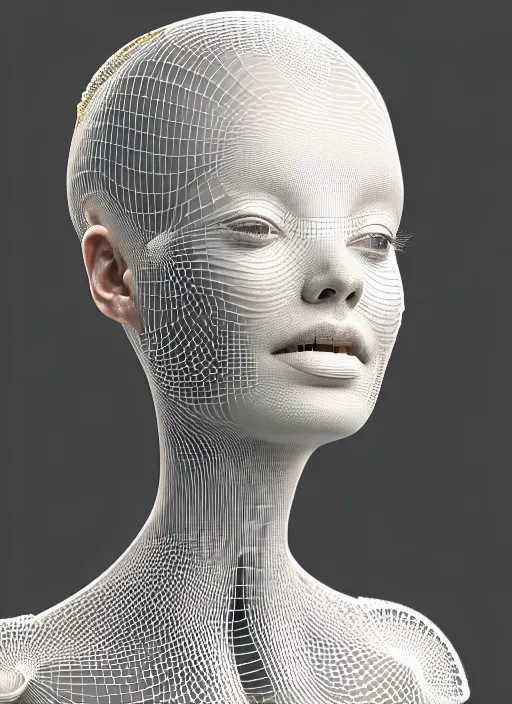 Image similar to complex 3d render ultra detailed of a beautiful porcelain profile woman face, mechanical cyborg, 150 mm, beautiful natural soft light, rim light, studio light, silver gold details, magnolia big leaves and stems, roots, fine foliage lace, mesh wire, intricate details, hyperrealistic, mandelbrot fractal, anatomical, red lips, white metal armor, facial muscles, cable wires, microchip, elegant, Alexander Mcqueen haute couture, wabi sabi, octane render, H.R. Giger style, 8k