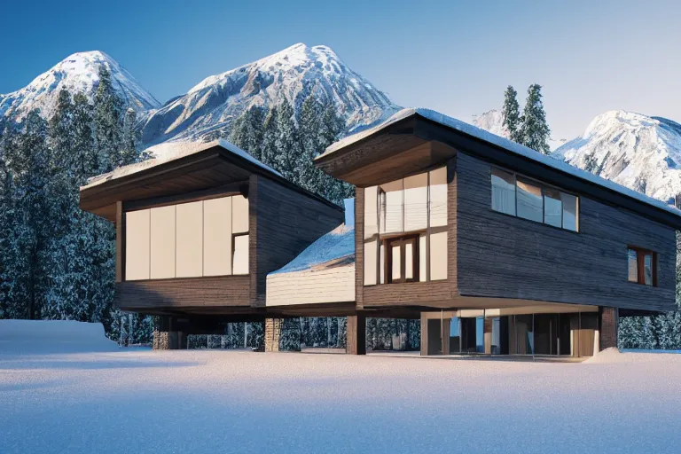 Image similar to modern modern fachwerk house with in the forest on the foot of Elbrus mountain covered by snow on the background, architecture, 3d render 8k , high details