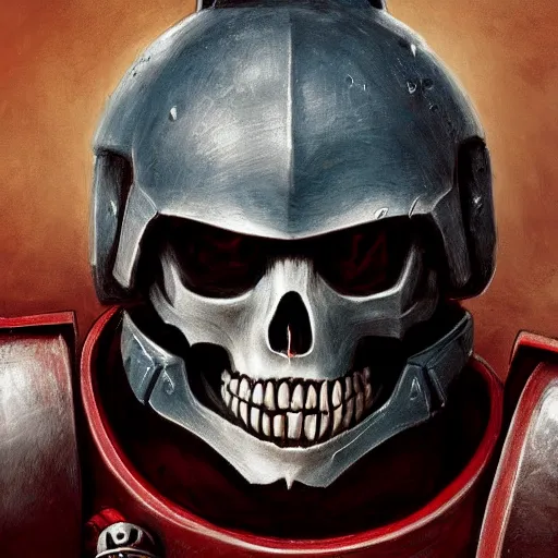 Prompt: space marine skull helmet, terrifying, grimdark, photorealistic, front view, symmetrical, artstation, art by brom