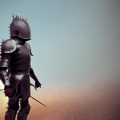 Prompt: a knight wearing spiky armor and helmet, 8k, film still, cinematic, by beeple