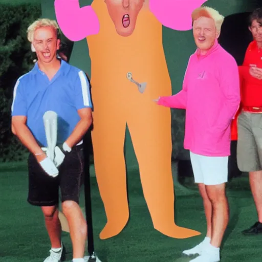 Prompt: donald trump wearing a pink mankini playing golf