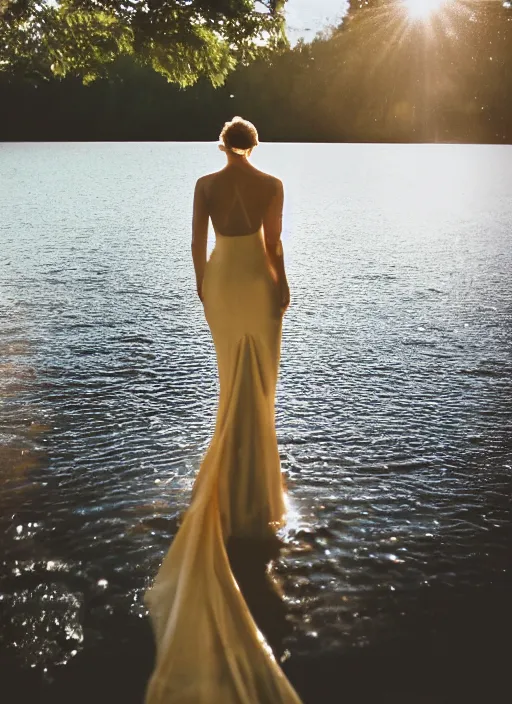 Image similar to a 2 8 mm holga photo from the back of a woman in a formal gown at the edge of a lake, splash art, movie still, bokeh, canon 5 0 mm, cinematic lighting, dramatic, film, photography, golden hour, depth of field, award - winning, anamorphic lens flare, 8 k, hyper detailed, 3 5 mm film grain