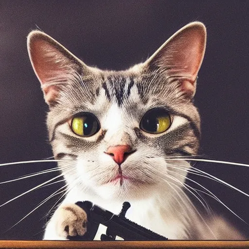 Image similar to “A cat, portrait, paw up in the air with a gun, simple background, 8K, photorealistic, hyper realistic, High definition, High detail”