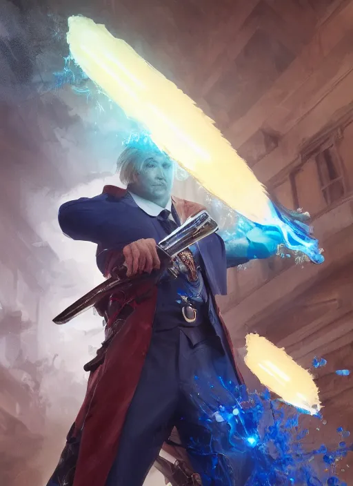 Image similar to side profile of a man with blonde hair in a blue suit wielding a large sword and a gun in a holster, fantasy, digital painting, volumetric light, intricate, sharp, focus, bloom, illustration, highly detailed, concept art, matte, ruan jia, randy vargas, greg rutkowski