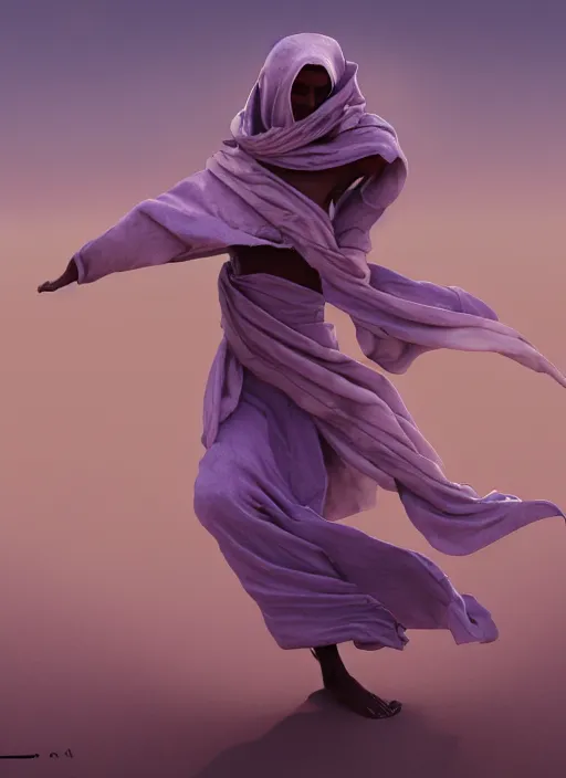 Prompt: full lenght flowing twisted clothes like tornado a old tuareg woman, many fabric, stones near foot, wind, stands on sand, full body shot, dark background, pastel purple colour scheme, hight detailed, masterpiece, concept art, artstation, moviestill, wide angle lens, sharp