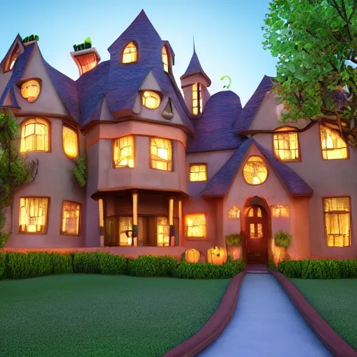 Image similar to disney movie encanto house but its haunted, spooky faces, halloween movie, cartoon pixar style, anime volumetric lighting, 3d model pixar render