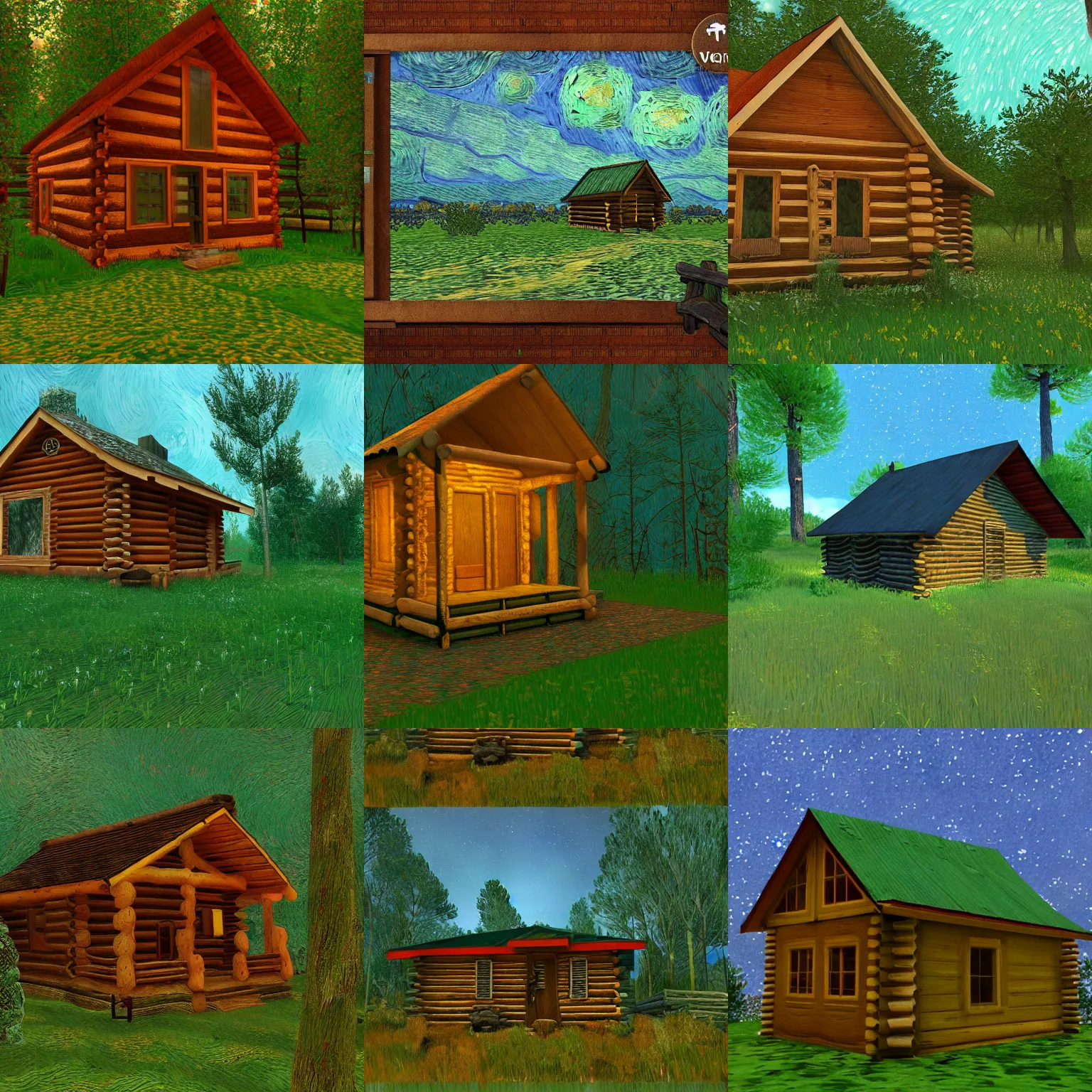 Prompt: [ a log cabin in the forest ] [ van gogh ] [ unity 3 d ]