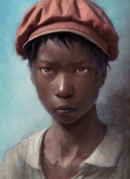 Prompt: prompt : portrait soft light painted by james jean and katsuhiro otomo and erik jones, inspired by akira anime, epic fantasy, a young dark skinned girl with short hair dressed as a boy in plain peasant clothing and a newsboy cap, intricate oil painting, high detail illustration, sharp high detail