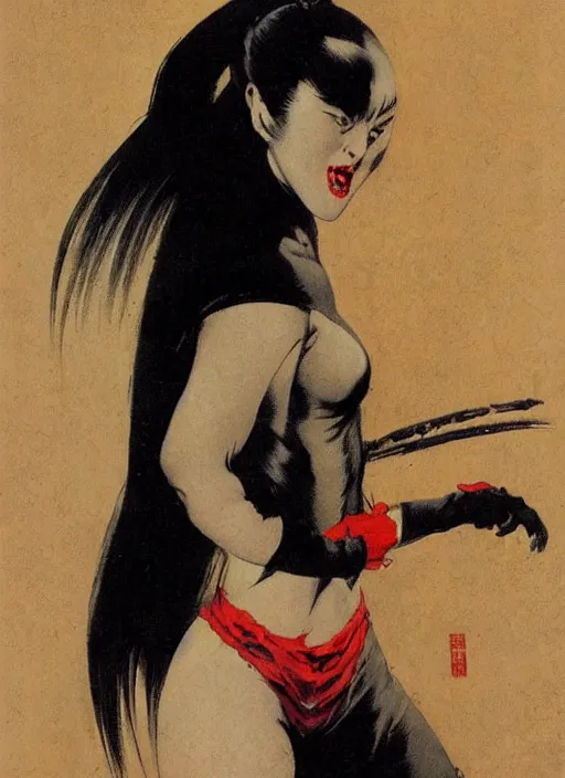 Image similar to portrait of bald korean vampiress, strong line, saturated color, beautiful! coherent! by frank frazetta, high contrast