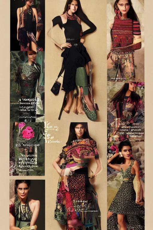Image similar to a page of a high - end female fashion magazine, ancient aztec fashion, with images of clothing and descriptions and prices, high resolution scan of aztec fashion catalog