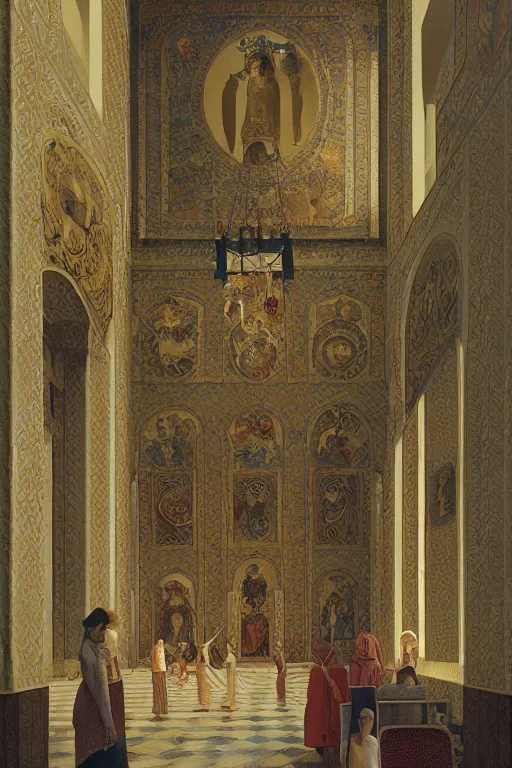 Image similar to scene from wes anderson orthodox cathedral building by helen lundeberg