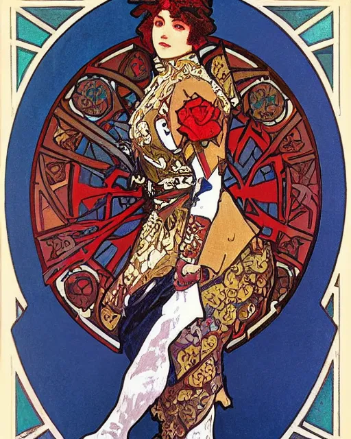 Image similar to A highly realistic painting of a knight with a rose pattern on his armor, red armour with blue pattern, deep moody colors, by Alphonse Mucha, autumn forest