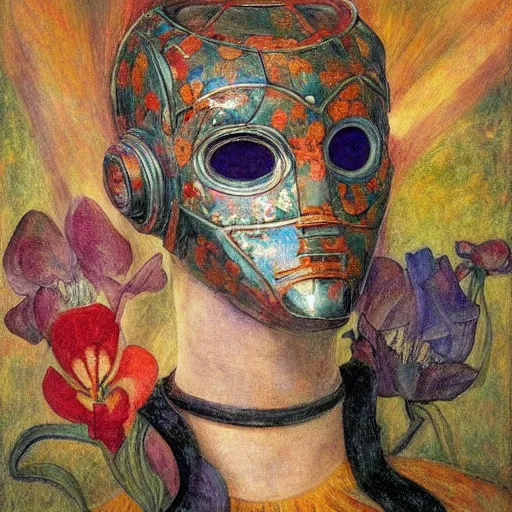 Prompt: the robot in her floral mask, by Annie Swynnerton and Diego Rivera, symbolist, dramatic lighting, elaborate geometric ornament, Art Brut ,god rays, soft cool colors,smooth, sharp focus, extremely detailed, Adolf Wölfli