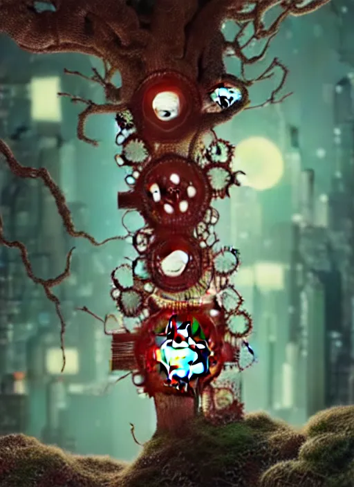 Image similar to intricate mechanical translucent apple with visible gears and components inside, growing off a tree, on the background of a weird magical mechanical forest. Very detailed 8k. Fantasy cyberpunk horror. Sharp. Cinematic post-processing