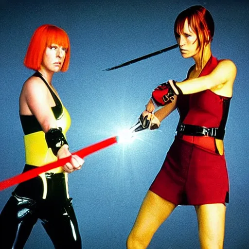 Prompt: leeloo from fifth element fighting beatrix kiddo from kill bill with mantis blades in cyberspace