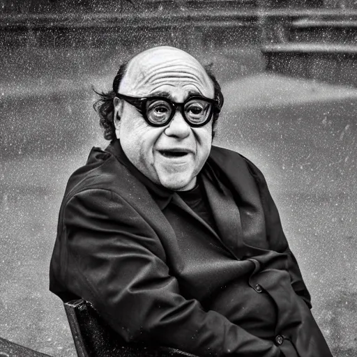 Prompt: danny devito on a bench raining, ( sony a 7 r iv, symmetric balance, polarizing filter, photolab, lightroom, 4 k, dolby vision, photography awardm, voque, perfect face )