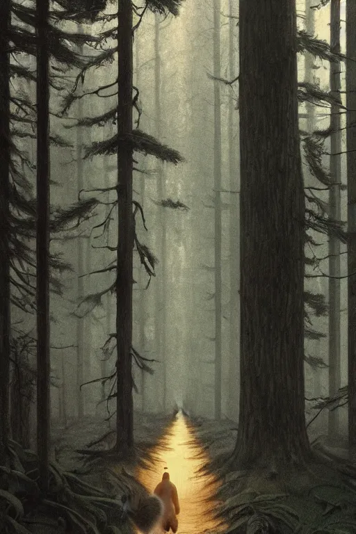 Prompt: detailed ultra - realistic graphic novel illustration of a baby wolf walking into a dark forest by edward hopper and gregory crewdson, cinematic, muted colors, cinematic fog, full shot, george adult, carel willink, ian miller, wayne barlowe, greg rutkowski, norman rockwell