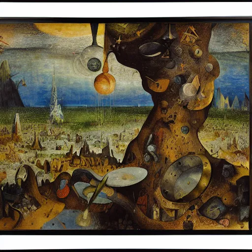 Image similar to and ian, mixed media fractive cosmic lagoon ash tree atomic bell, by h. p. lovecraft and pieter bruegel the elder, volumpled, 4 k flying impressionist island c