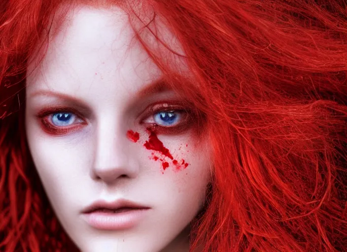 Image similar to award winning 5 5 mm close up face portrait photo of an anesthetic redhead with blood - red wavy hair and intricate eyes that look like gems, in a park by luis royo