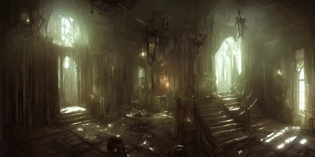 Image similar to dark sinister house interior by Bastien Lecouffe-Deharme and Charles Bowater, Greg Rutkowski, adventure game, inspired by Diablo concept art