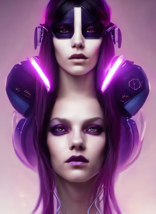 Prompt: symmetry portrait of a very beautiful caucasian young cyberpunk woman with dark purple hair wearing a mask, sci - fi, tech wear, glowing lights intricate, elegant, highly detailed, digital painting, artstation, concept art, smooth, sharp focus, illustration, art by artgerm and greg rutkowski and alphonse mucha