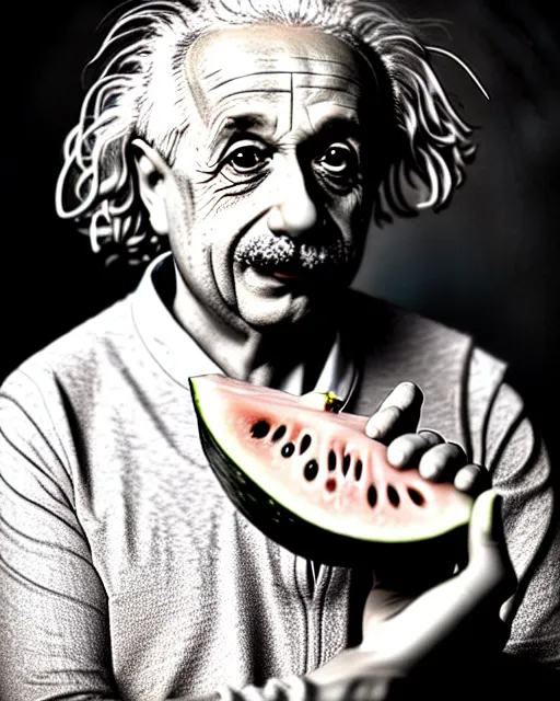 Prompt: A photo of Albert Einstein eating watermelon, highly detailed, trending on artstation, bokeh, 90mm, f/1.4